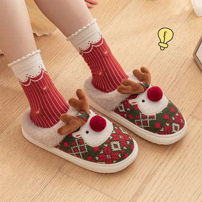 Cute Christmas Elk Plush Slippers – Fuzzy Non-Slip Holiday House Shoes