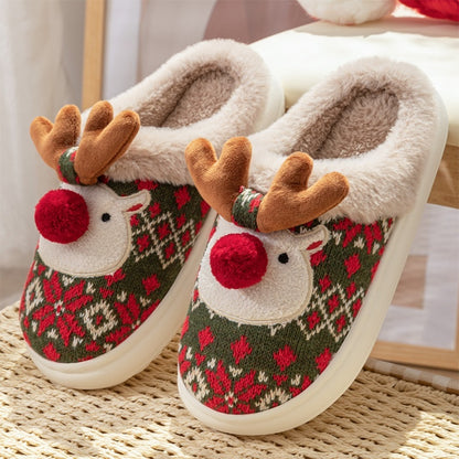 Cute Christmas Elk Plush Slippers – Fuzzy Non-Slip Holiday House Shoes