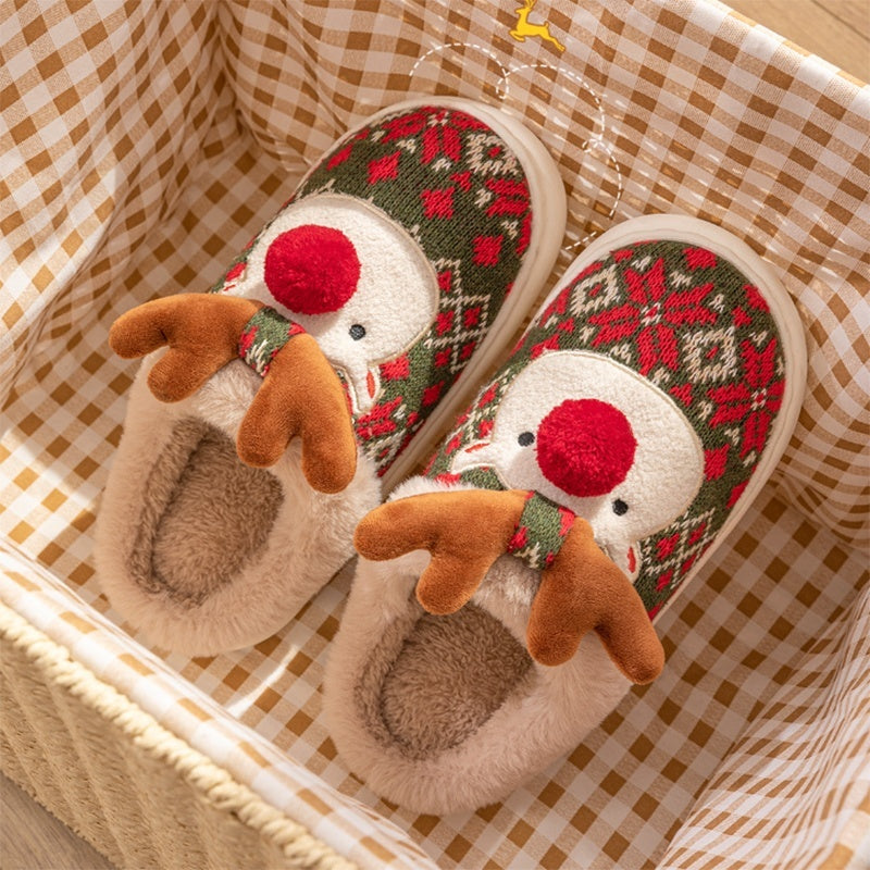 Cute Christmas Elk Plush Slippers – Fuzzy Non-Slip Holiday House Shoes
