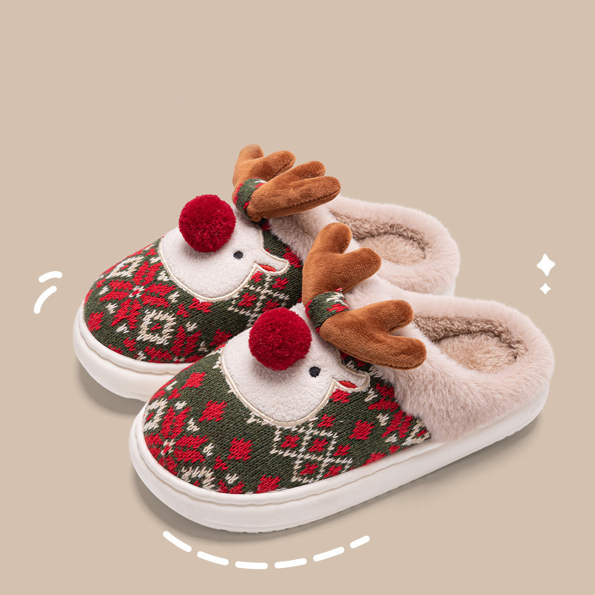 Cute Christmas Elk Plush Slippers – Fuzzy Non-Slip Holiday House Shoes