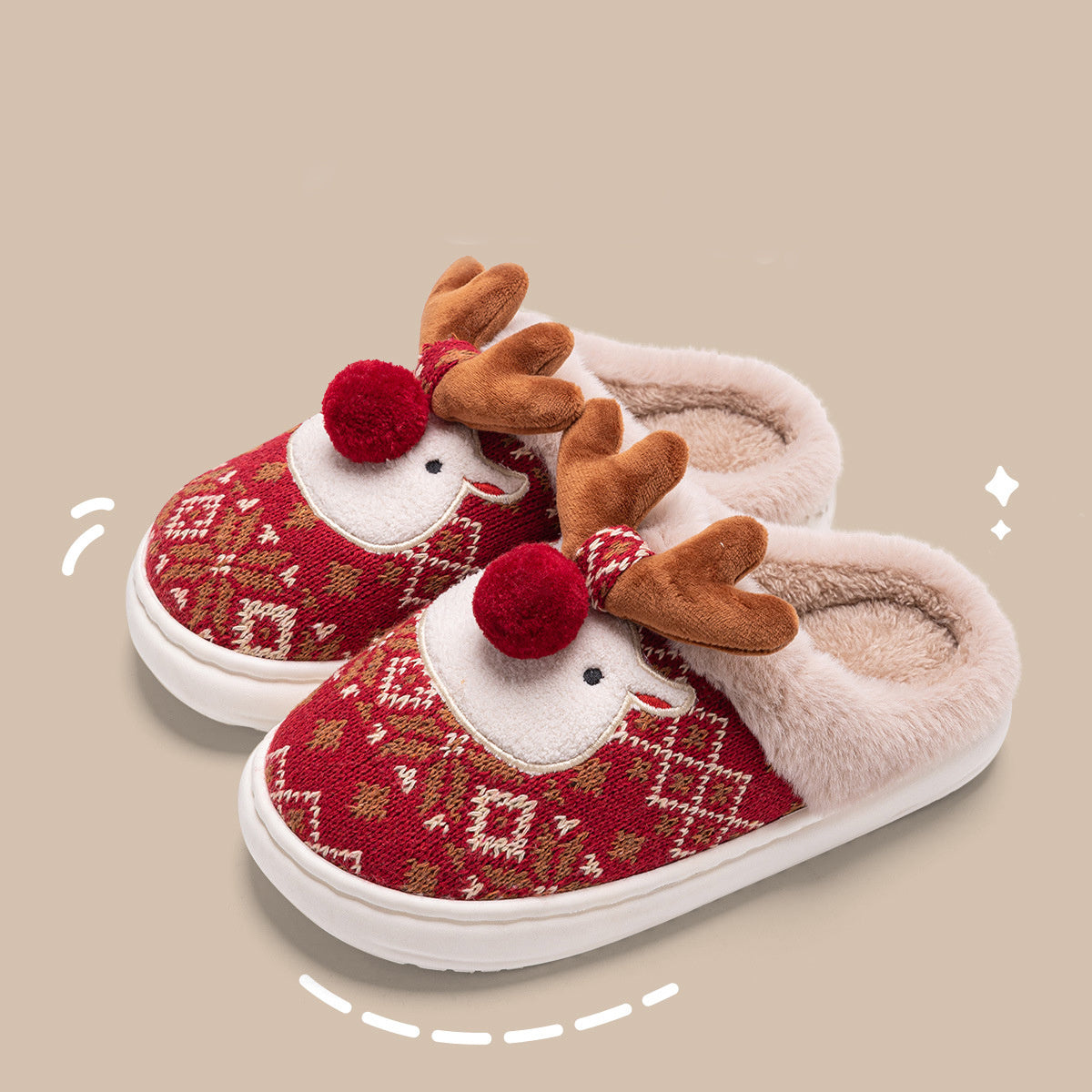 Cute Christmas Elk Plush Slippers – Fuzzy Non-Slip Holiday House Shoes