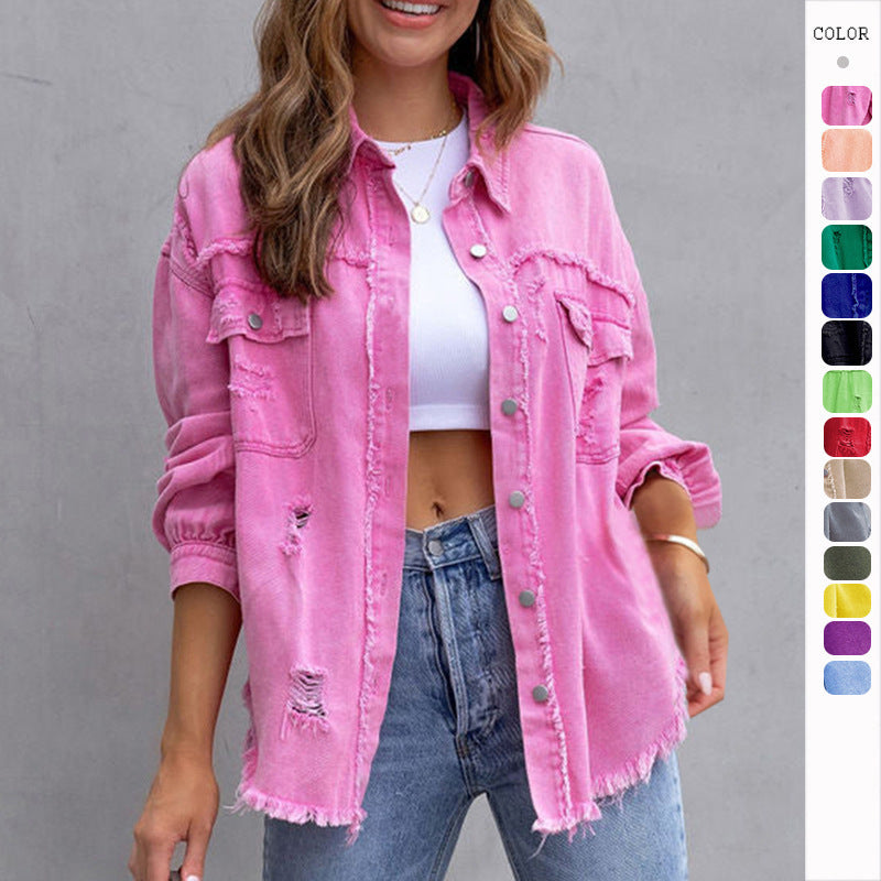 Fashion Ripped Shirt Jacket Female – Casual Autumn & Spring Tops