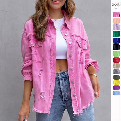 Fashion Ripped Shirt Jacket Female – Casual Autumn & Spring Tops