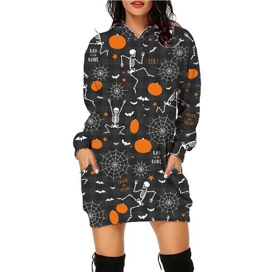 Halloween Print Long Hoodie With Pocket Sweater