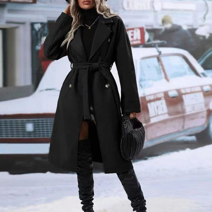 Lapel Double-Breasted Trench Coat With Belt Winter Jacket