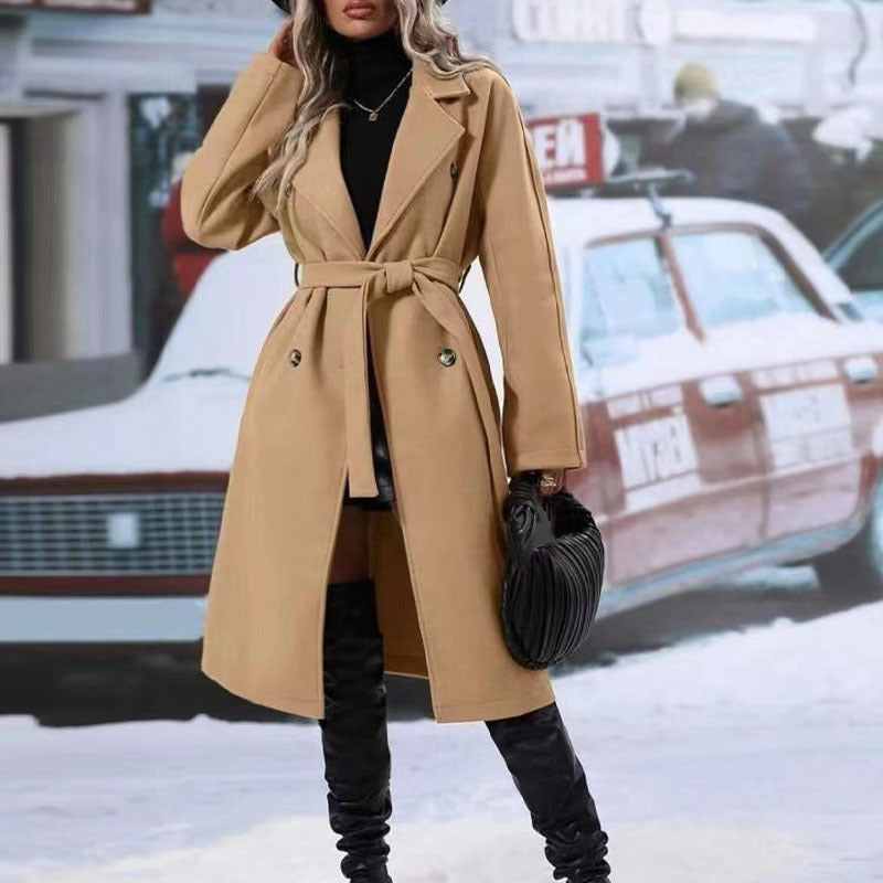 Lapel Double-Breasted Trench Coat With Belt Winter Jacket